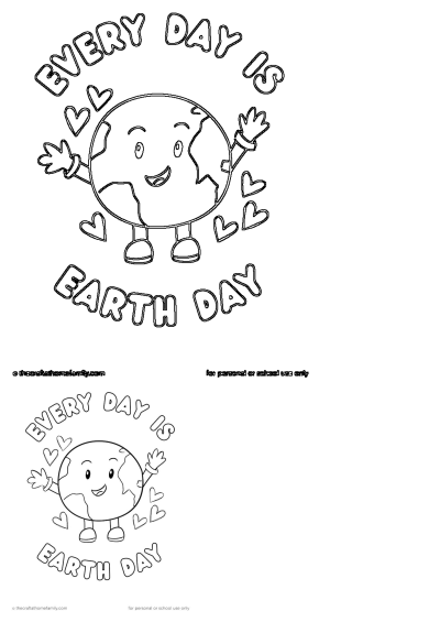 Earth Day coloring page featuring a cute Earth character with the message "Every Day is Earth Day", great for kids' activities.