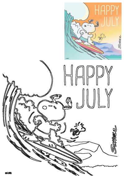 Cartoon image of Snoopy the dog surfing a wave with the words Happy July above it. Fun summer image.