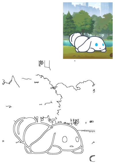 Cartoon of Cinnamoroll laying on the ground in a park setting. Trees, water, and buildings in the background create a cute cityscape scene.