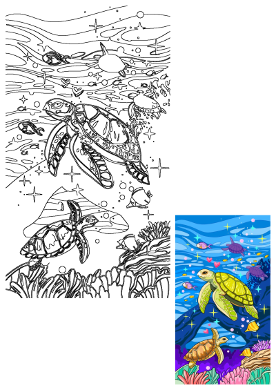 Painting of two sea turtles swimming in the ocean amidst colorful corals, fish, and stars, creating a vibrant underwater illustration.