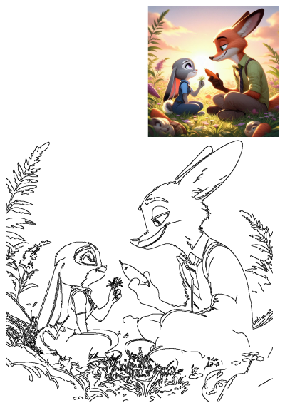 Zootopia's Judy Hopps (rabbit) and Nick Wilde (fox) in a vibrant field, Nick holding a carrot, accompanied by a detailed outline.