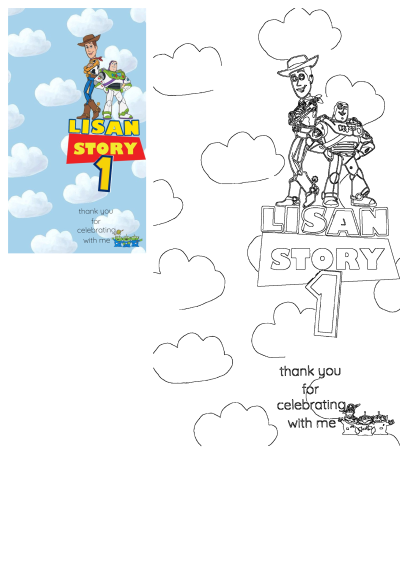 Movie poster for Toy Story 1 featuring Woody and Buzz Lightyear characters. "Lisan Story 1" is written on the poster with a sky and clouds background.