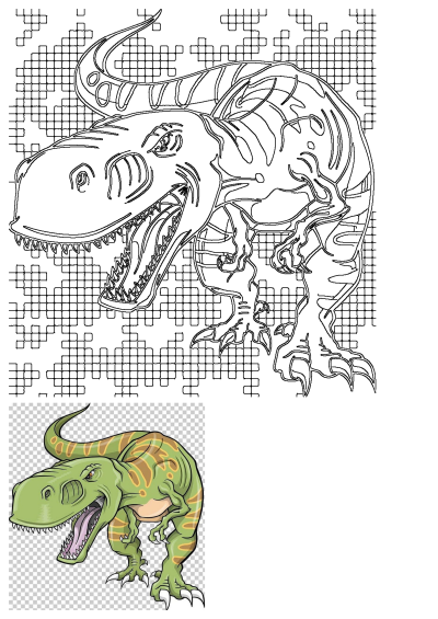 Cartoon illustration of a green and yellow T-Rex dinosaur with its mouth open. This fierce dinosaur is ready to roar!