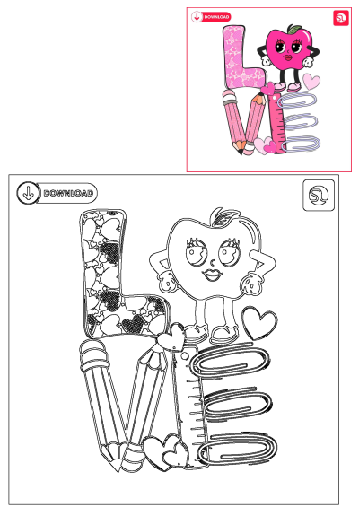 A cute graphic reads 'LOVE' spelled with a heart-patterned letter L, an apple character, pencils (V) and a ruler and clips (E).
