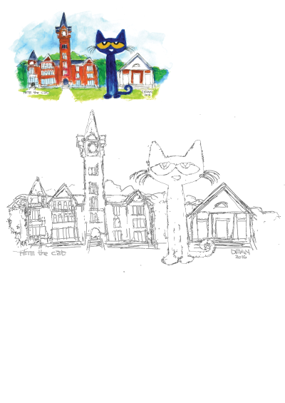 Illustration of Pete the Cat, a blue cat, standing in front of a building with a clock tower. Whimsical drawing by Dean 2016.
