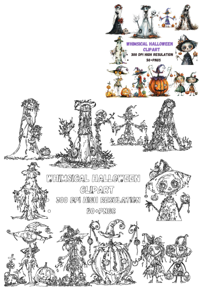 Halloween clipart featuring various whimsical pumpkins and witches in a watercolor style. Use these PNGs for spooky season designs.