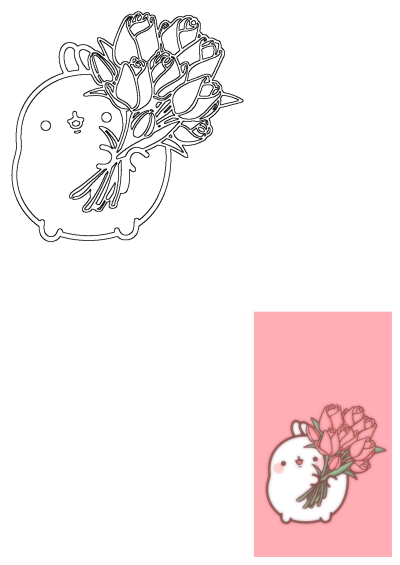 Adorable Molang bunny holding a bouquet of pink tulips against a soft pink backdrop. Cute art perfect for wallpapers.