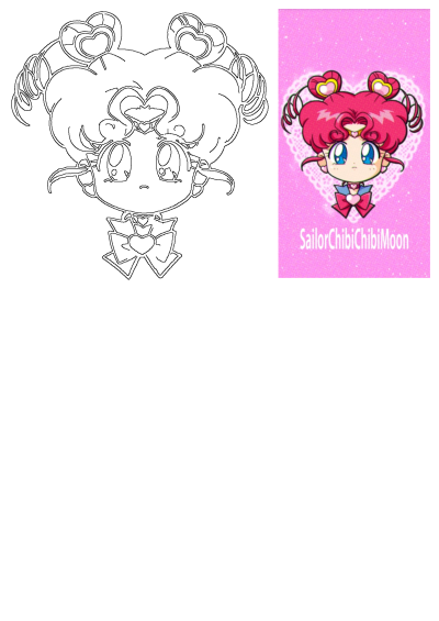 Cute Sailor Chibi Chibi Moon with pink hair and big blue eyes on a pink background with a white lace heart. Anime style.