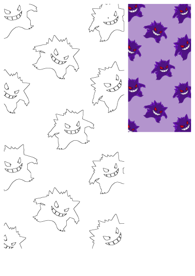 A repeating pattern of purple Gengar Pokémon with red eyes and sharp fangs against a light purple background. Spooky and fun!