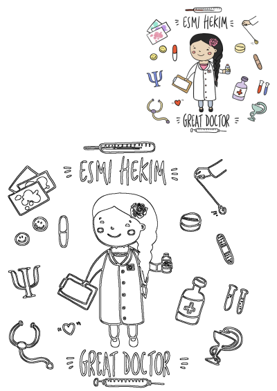 Illustration of a girl dressed as a doctor, surrounded by medical supplies, with the words 'Esmî Hekim Great Doctor', showcasing her role as a great doctor.