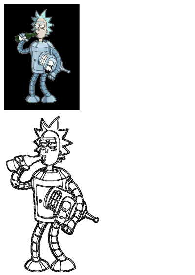 Cartoon mashup of Rick in a Bender robot suit. The cartoon character person is holding a bottle and appears to be drinking from it.