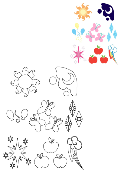 A colorful collage of My Little Pony cutie marks featuring apples, butterflies, balloons, sun, cloud, diamonds, stars, crescent moon for fans.