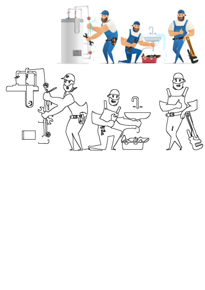 Cartoon illustration of three men in blue overalls fixing a water heater and a leaking sink. Plumbers at work. 