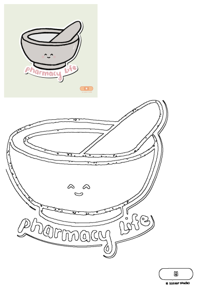 A cute sticker showing a mortar and pestle with a smiling face and the words 'pharmacy life', showcasing the pharmacy profession.
