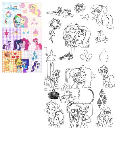 Many different pictures of My Little Pony characters on a checkered tablecloth. A cute collection of pony stickers.