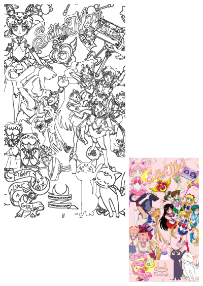 A collage featuring Sailor Moon characters, symbols, and retro elements against a pink background. Includes Sailor Moon and her friends.