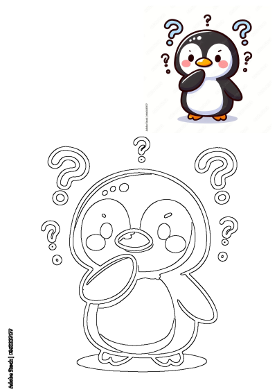 Cute confused penguin illustration with question marks around it. Download now from Adobe Stock, ideal for a variety of creative projects.