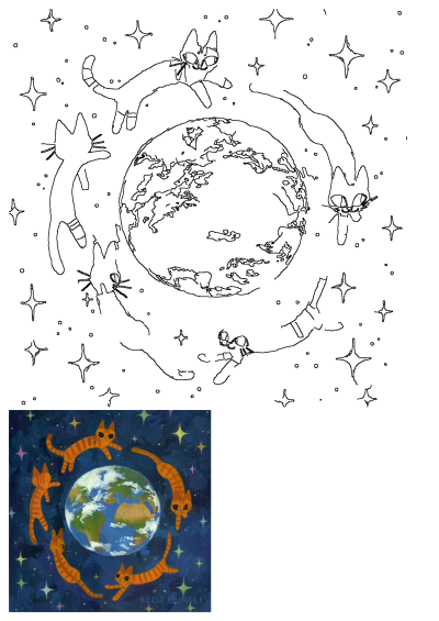Illustration of six ginger cats flying around the Earth in space, surrounded by stars. One cat has its eyes closed, artwork by Kelly Pringle.