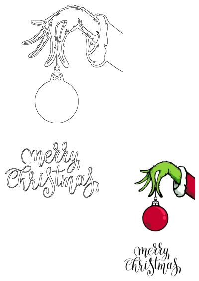 Grinch's hand holding a red christmas ornament with 'Merry Christmas' written below it. Festive holiday season greeting card.