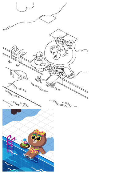 A teddy bear in a bathing suit relaxing by the pool,with a coconut drink on a wood plate. A fun and whimsical summer image. 