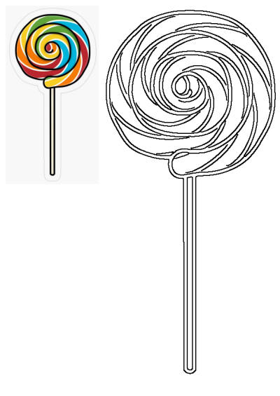 A colorful lollipop sticker on a white background features a swirling design with red, orange, yellow, green, and blue for a fun, whimsical look.