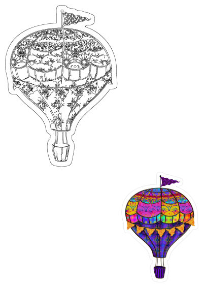 A vibrant, colorful hot air balloon featuring intricate patterns and a purple flag, despite the alt text incorrectly mentioning an American flag.
