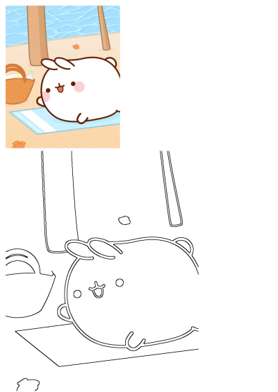 An animal, a cute cartoon bunny, is laying on a towel on the ground next to a basket and some seashells at the beach.