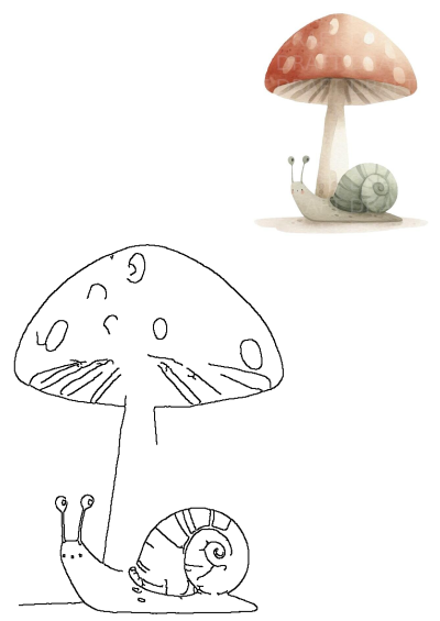 Watercolor illustration of a snail on the ground beside a mushroom with polka dots. Charming forest scene with cute snail and fungi.