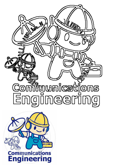 Cartoon character with the words 'communications engineering', featuring a cute engineer with a satellite dish and toolkit.