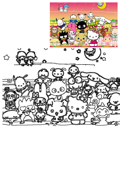 Hello Kitty wallpaper with many different characters, including Keroppi, My Melody, Badtz-Maru, and others in a colorful, playful design.