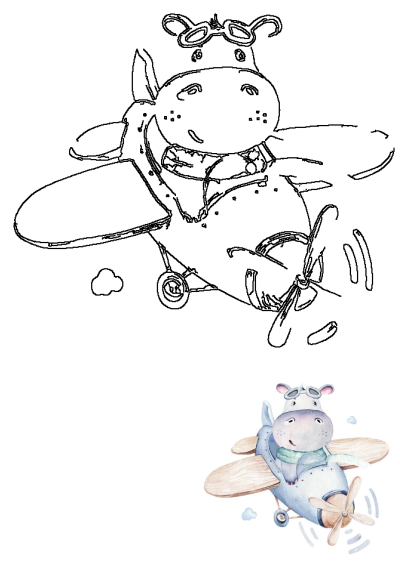 A charming watercolor drawing shows a hippo flying an airplane, combining whimsy and adventure in a cute illustration.