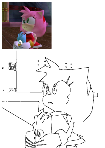 Amy Rose from Sonic Adventure is holding a blue bird. Fan art showcasing a beloved scene from the Sonic Adventure game.