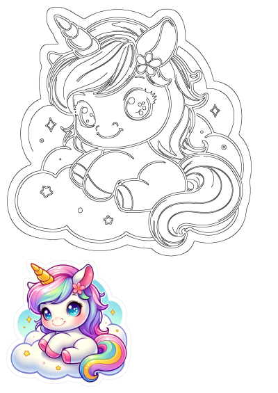 A charming cartoon unicorn with rainbow hair and a golden horn sits happily on a fluffy cloud, presented as both an outline and a vibrant illustration.