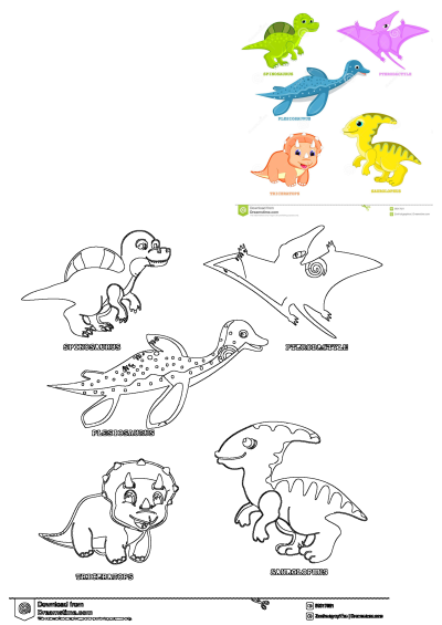 Image of four different types of dinosaurs: Spinosaurus, Pterodactyl, Plesiosaurus, and Triceratops, in various colors and sizes.