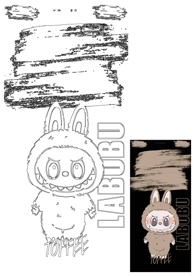 Labubu Toffee, a cute monster character in a brown bunny suit, with mischievous eyes and a playful grin, on a black background.