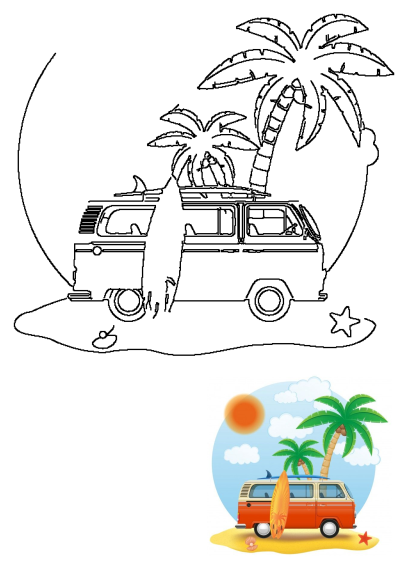 Cartoon of orange van with surfboard and palm trees on the beach, starfish and shell. Perfect for a relaxing tropical vacation scene.