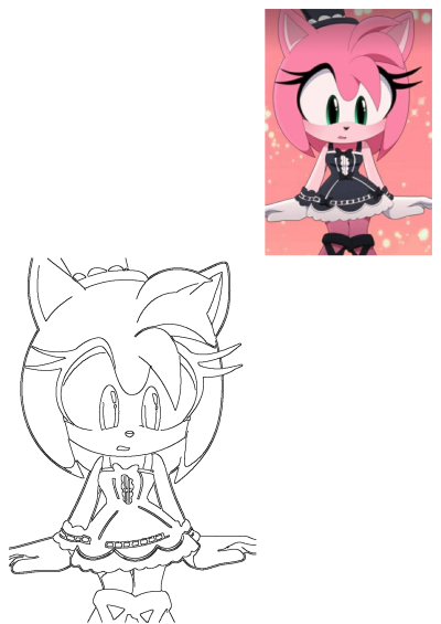 Anime character Amy Rose with pink hair and black dress. Cute formal black and white dress with a little black hat.