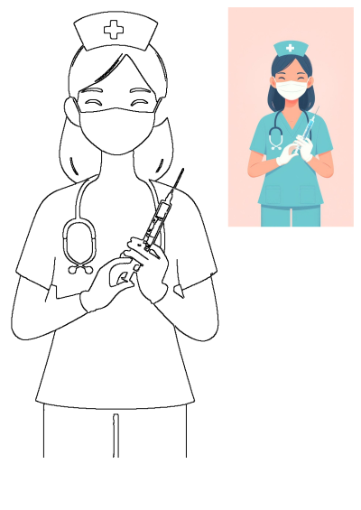 Cartoon of a woman nurse wearing scrubs and a face mask, holding a syringe. Medical professional image. Illustration of healthcare worker.
