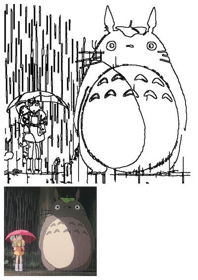 A woman holding an umbrella standing next to a cartoon character,specifically Totoro. A memorable and heartwarming moment from 'My Neighbor Totoro' in the rain.