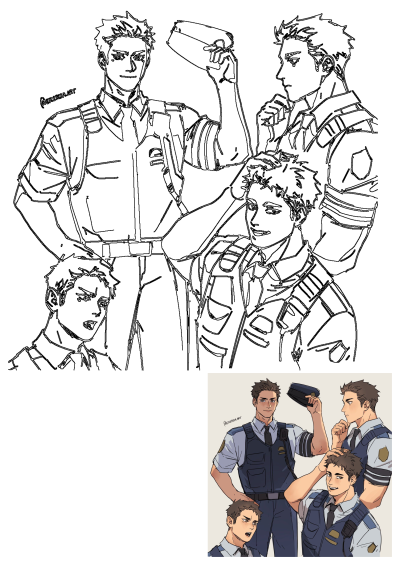 Anime drawing featuring a handsome man in cop uniform in multiple poses.