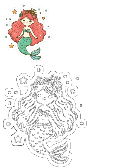 Cute little mermaid with pink hair adorned with flowers, swimming amongst stars. A sweet and colorful illustration, perfect for kids!