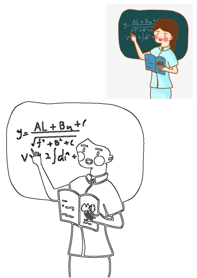 A woman is writing math formula on a chalkboard and pointing at it, and holding a textbook. Cartoon style teacher explaining on the board.