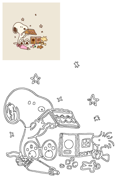 Snoopy and Woodstock decorate a festive Christmas gingerbread house, adding roof pieces, sprinkles, and a gingerbread man cookie.