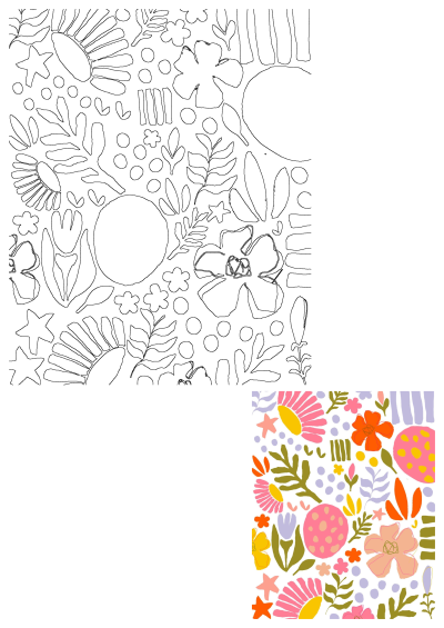 A vibrant floral pattern with colorful flowers, plants, and polka dots, set against a clean white background. Playful and eye-catching design.