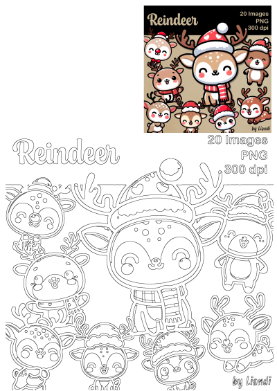 A collection of 20 cute cartoon reindeer illustrations for Christmas, featuring various poses and festive attire, in PNG 300 dpi format by Liandi.