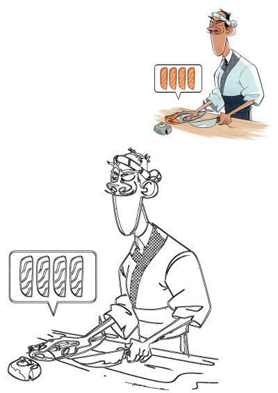 Cartoon illustration of a chef slicing salmon on a wooden table with a knife. Fresh salmon slices are displayed. A man is cutting salmon.