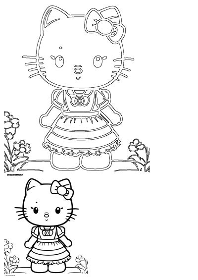 Hello Kitty coloring page shows her ready! A cute coloring page of Hello Kitty in a dress with a bow, perfect for kids and fans to color.