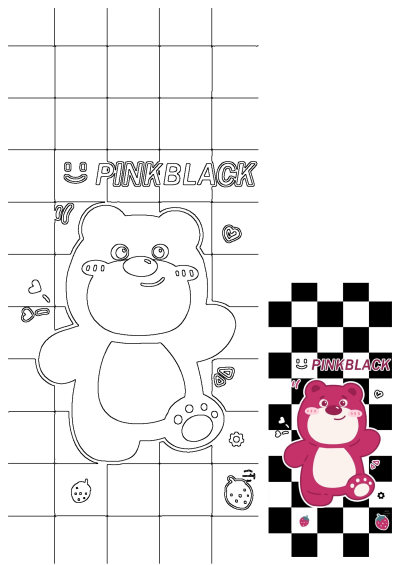 Image of a pink teddy bear sitting on a black and white checkered floor, with the words 'pink black' displayed above the bear.