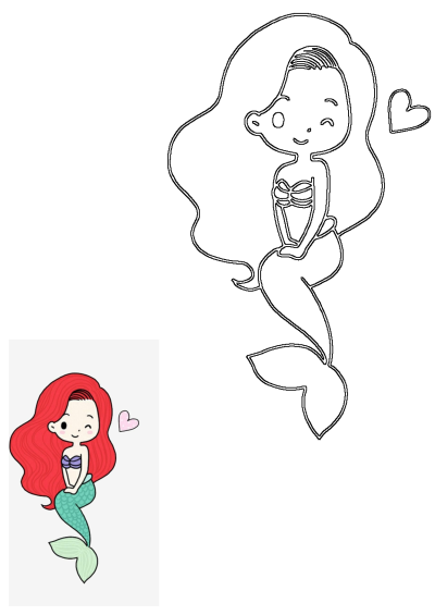 A charming cartoon of Ariel the mermaid, sporting vibrant red hair, a purple top, and a turquoise tail, complete with a loving heart.