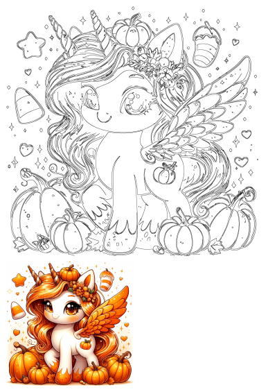 Outline drawing of a cute winged unicorn with a pumpkin crown, long flowing hair, surrounded by autumn pumpkins, stars, hearts, and candy.